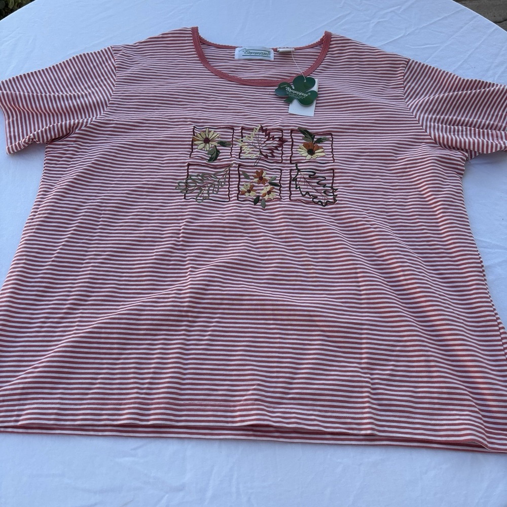 Vtg Extra Shenanigans Women Top Pink/White Striped Floral 2X Short Sleeve NWT